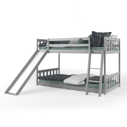 Twin over Twin Bunk Wooden Low Bed with Slide Ladder for Kids-Gray