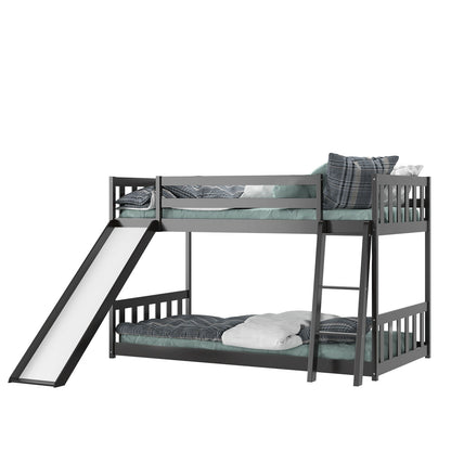 Twin over Twin Bunk Wooden Low Bed with Slide Ladder for Kids-Dark Brown