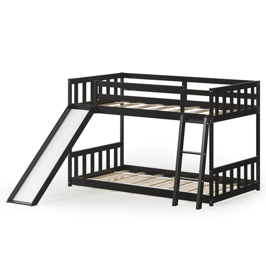 Twin over Twin Bunk Wooden Low Bed with Slide Ladder for Kids-Dark Brown Kids Crystal