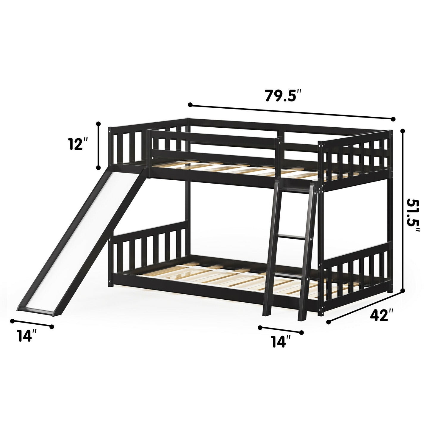 Twin over Twin Bunk Wooden Low Bed with Slide Ladder for Kids-Dark Brown Kids Crystal