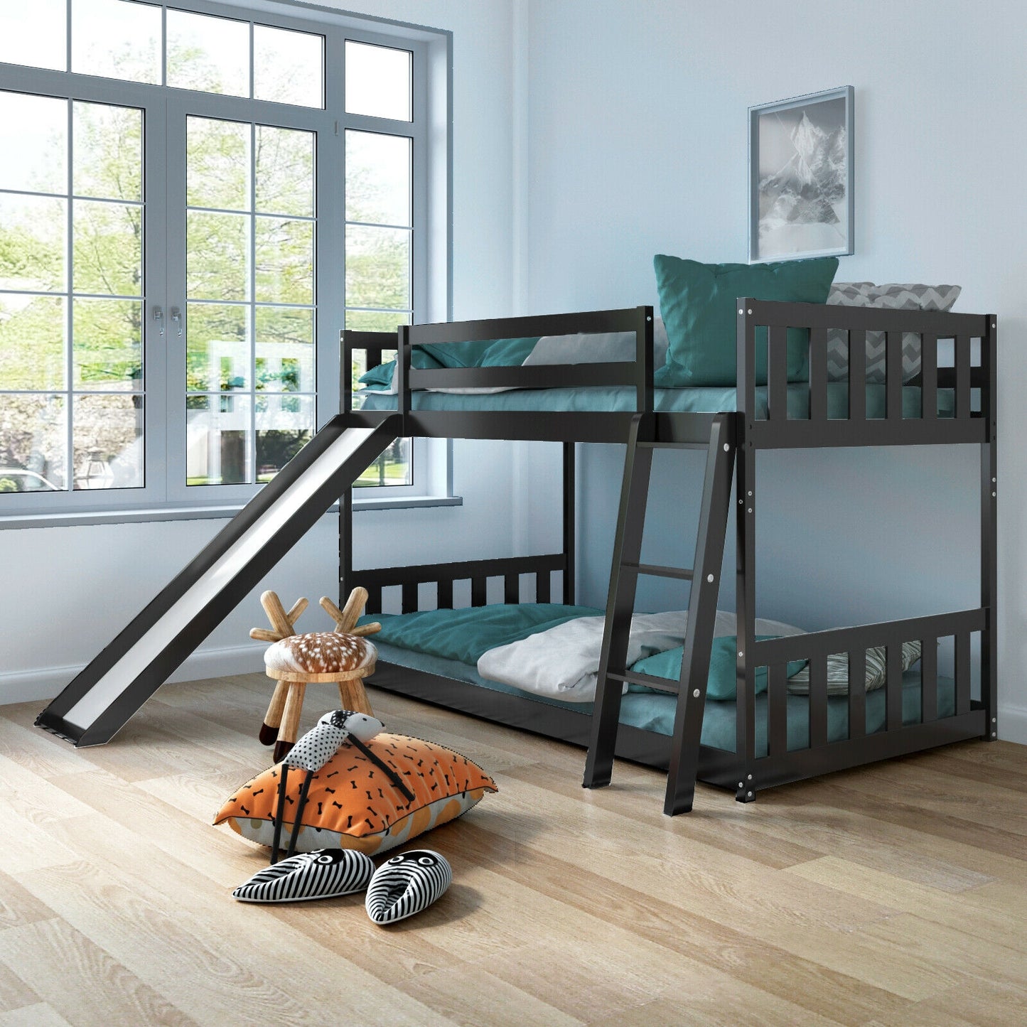 Twin over Twin Bunk Wooden Low Bed with Slide Ladder for Kids-Dark Brown Kids Crystal