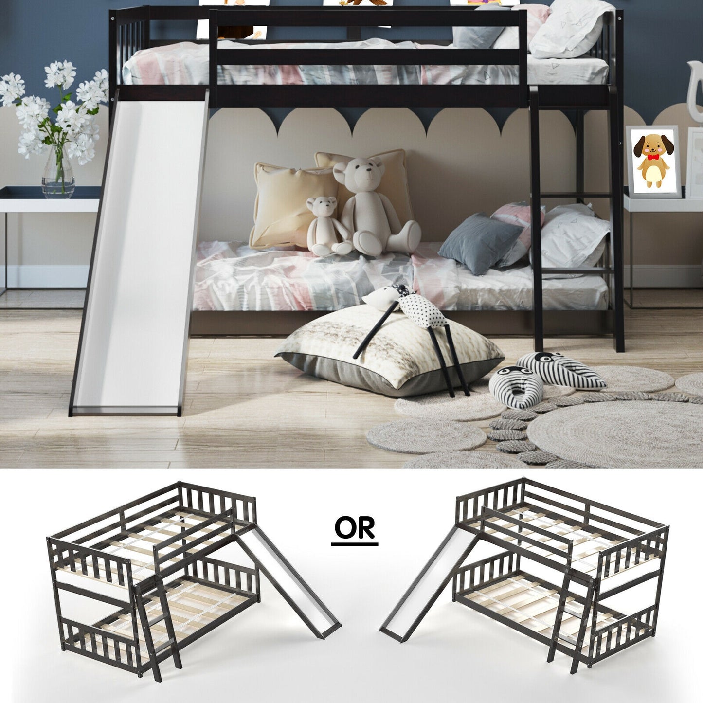 Twin over Twin Bunk Wooden Low Bed with Slide Ladder for Kids-Dark Brown Kids Crystal