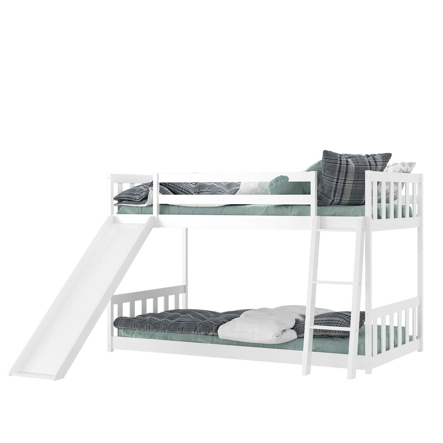 Twin over Twin Bunk Wooden Low Bed with Slide Ladder for Kids-White Kids Crystal