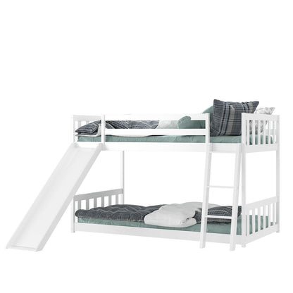 Twin over Twin Bunk Wooden Low Bed with Slide Ladder for Kids-White