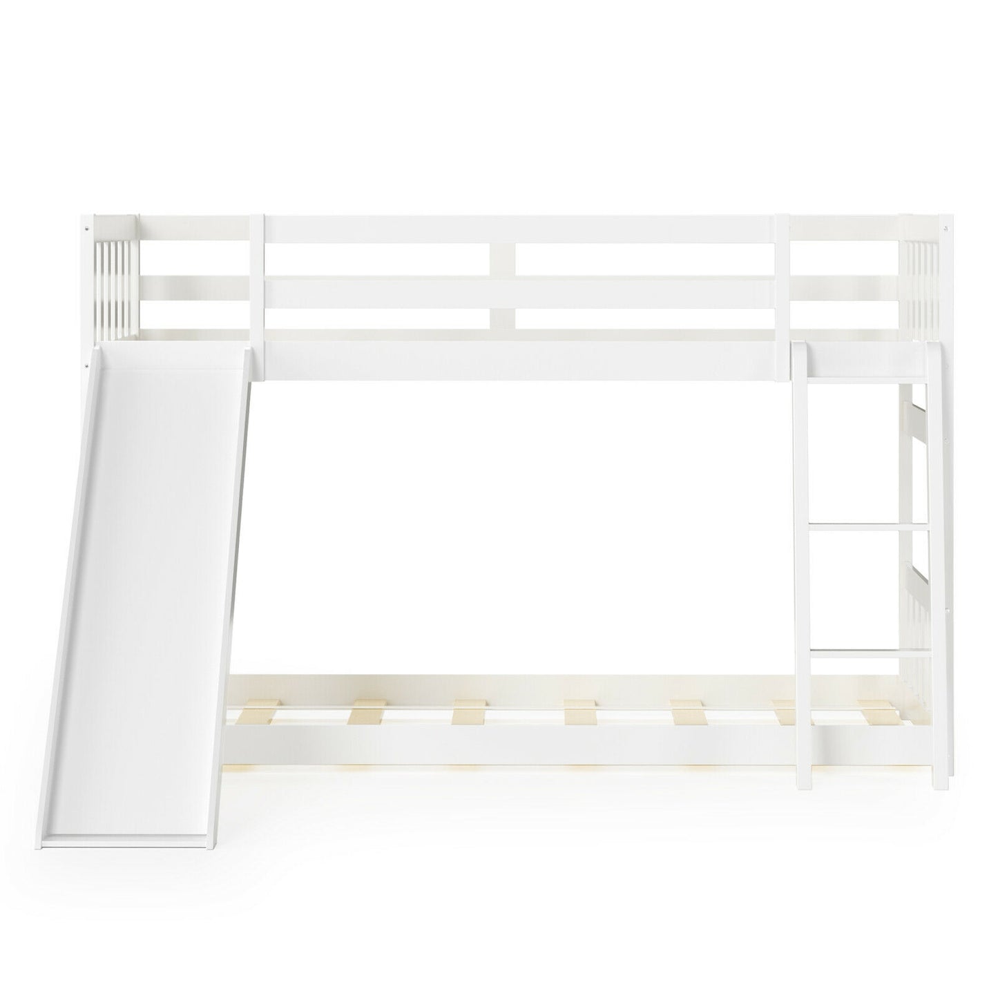 Twin over Twin Bunk Wooden Low Bed with Slide Ladder for Kids-White Kids Crystal