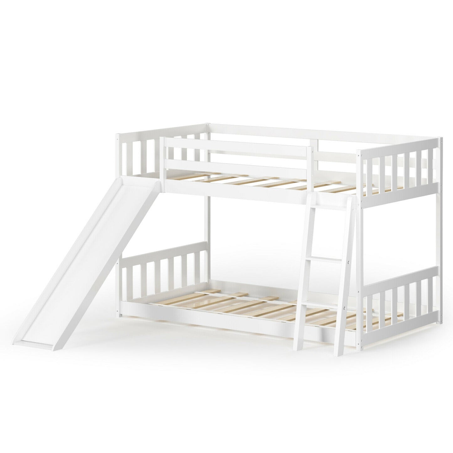 Twin over Twin Bunk Wooden Low Bed with Slide Ladder for Kids-White Kids Crystal