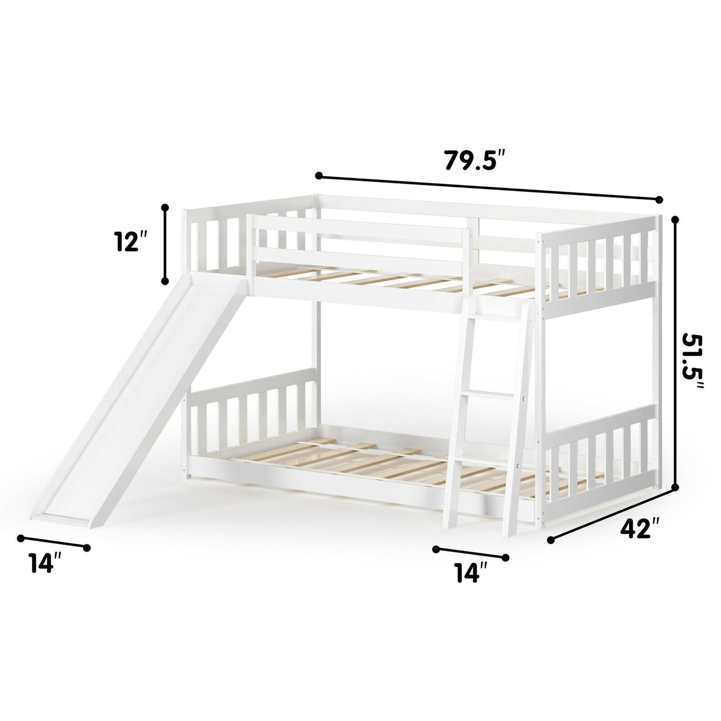 Twin over Twin Bunk Wooden Low Bed with Slide Ladder for Kids-White Kids Crystal