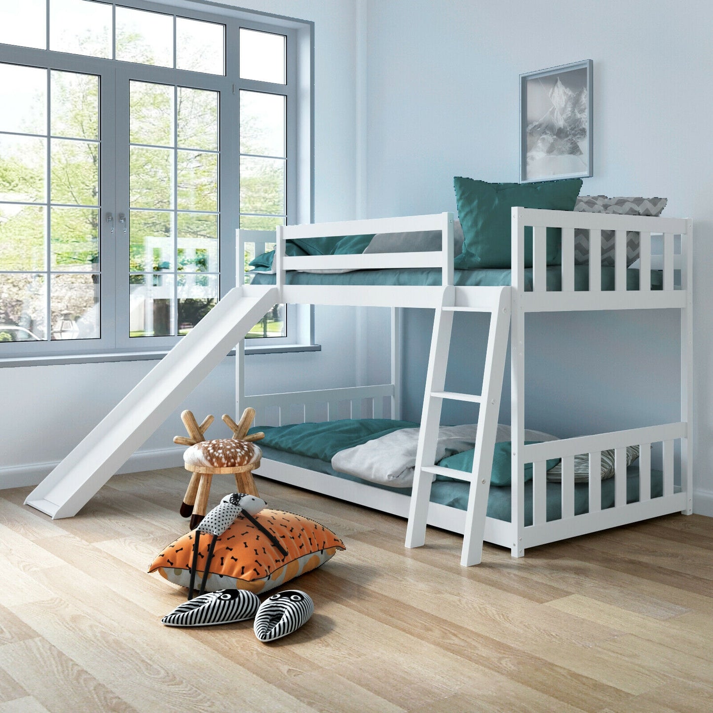 Twin over Twin Bunk Wooden Low Bed with Slide Ladder for Kids-White Kids Crystal