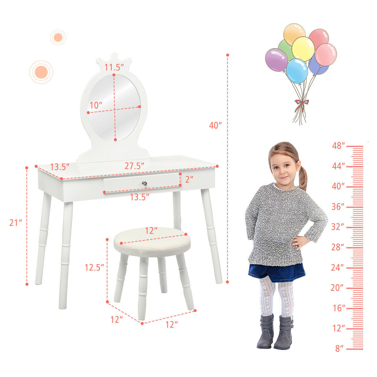 Vanity Makeup Table & Chair Set Make Up Stool-White Kids Crystal
