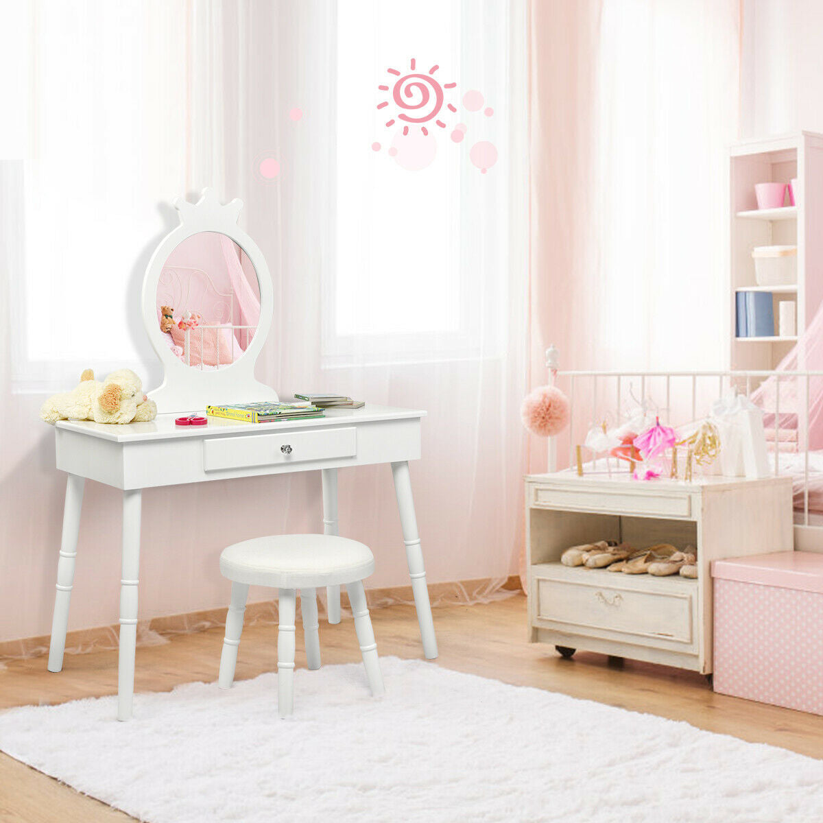 Vanity Makeup Table & Chair Set Make Up Stool-White Kids Crystal