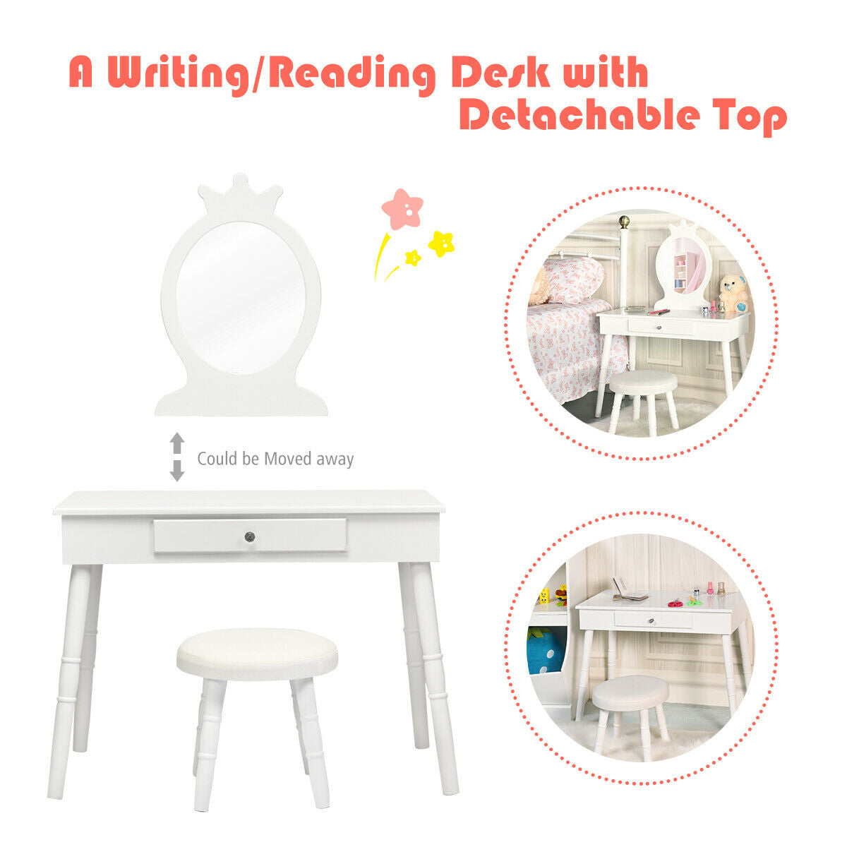 Vanity Makeup Table & Chair Set Make Up Stool-White Kids Crystal