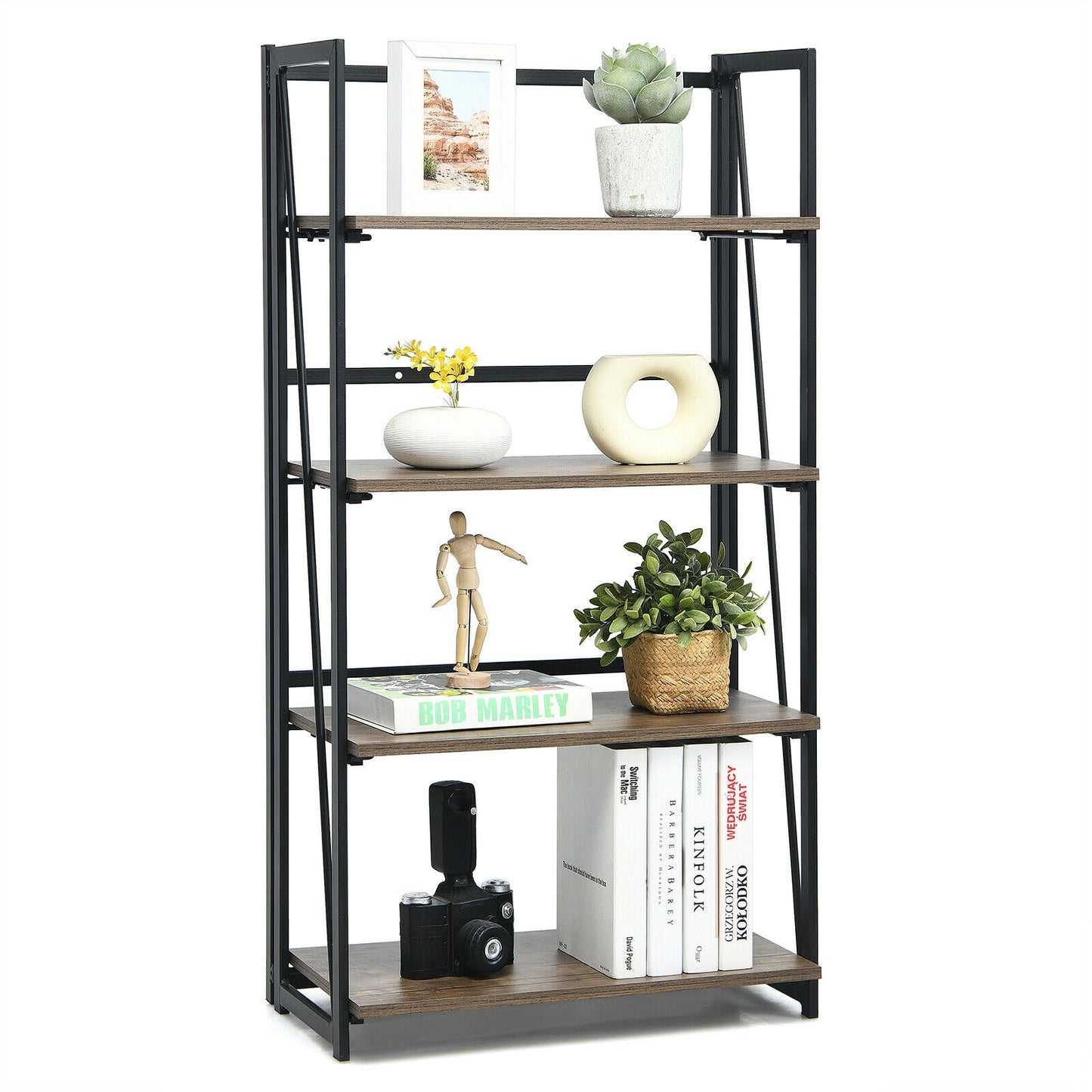 4-Tier Folding Bookshelf No-Assembly Industrial Bookcase Display Shelves Kids Crystal