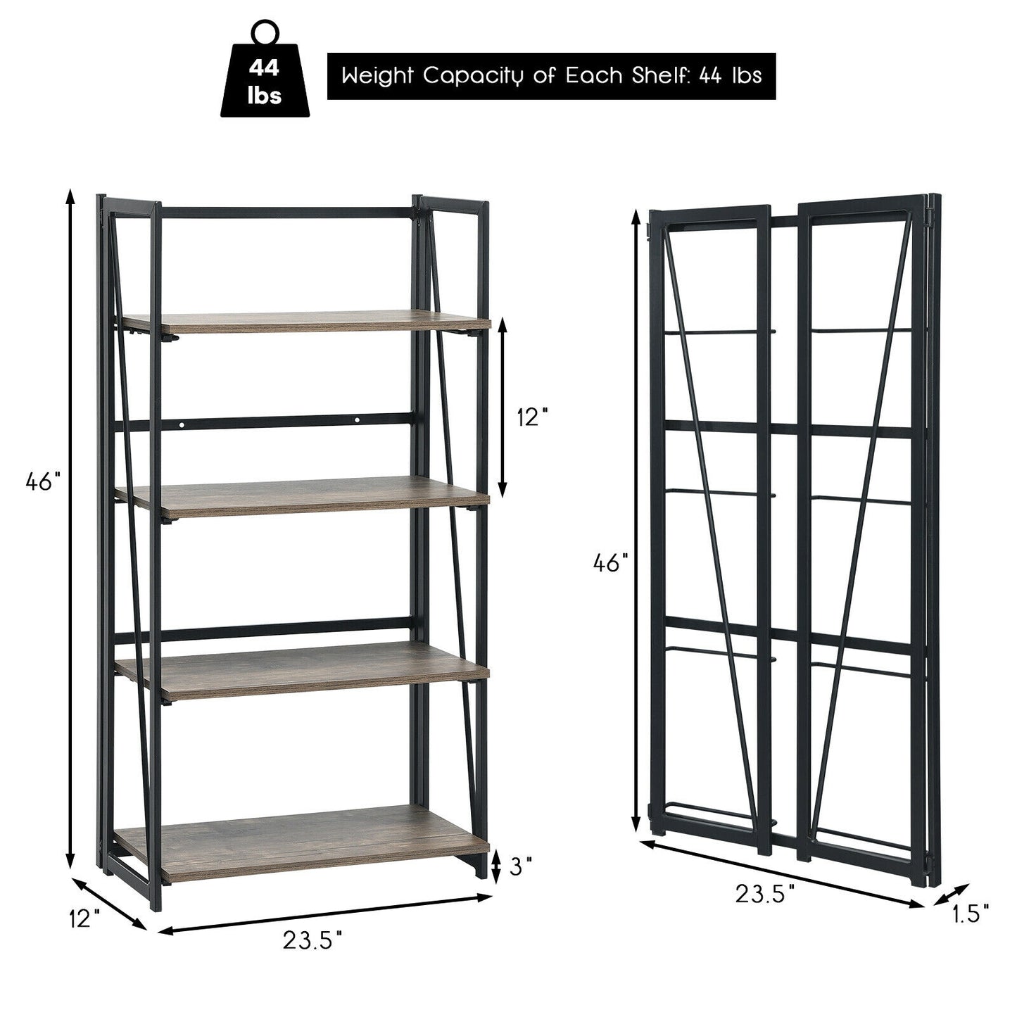 4-Tier Folding Bookshelf No-Assembly Industrial Bookcase Display Shelves Kids Crystal