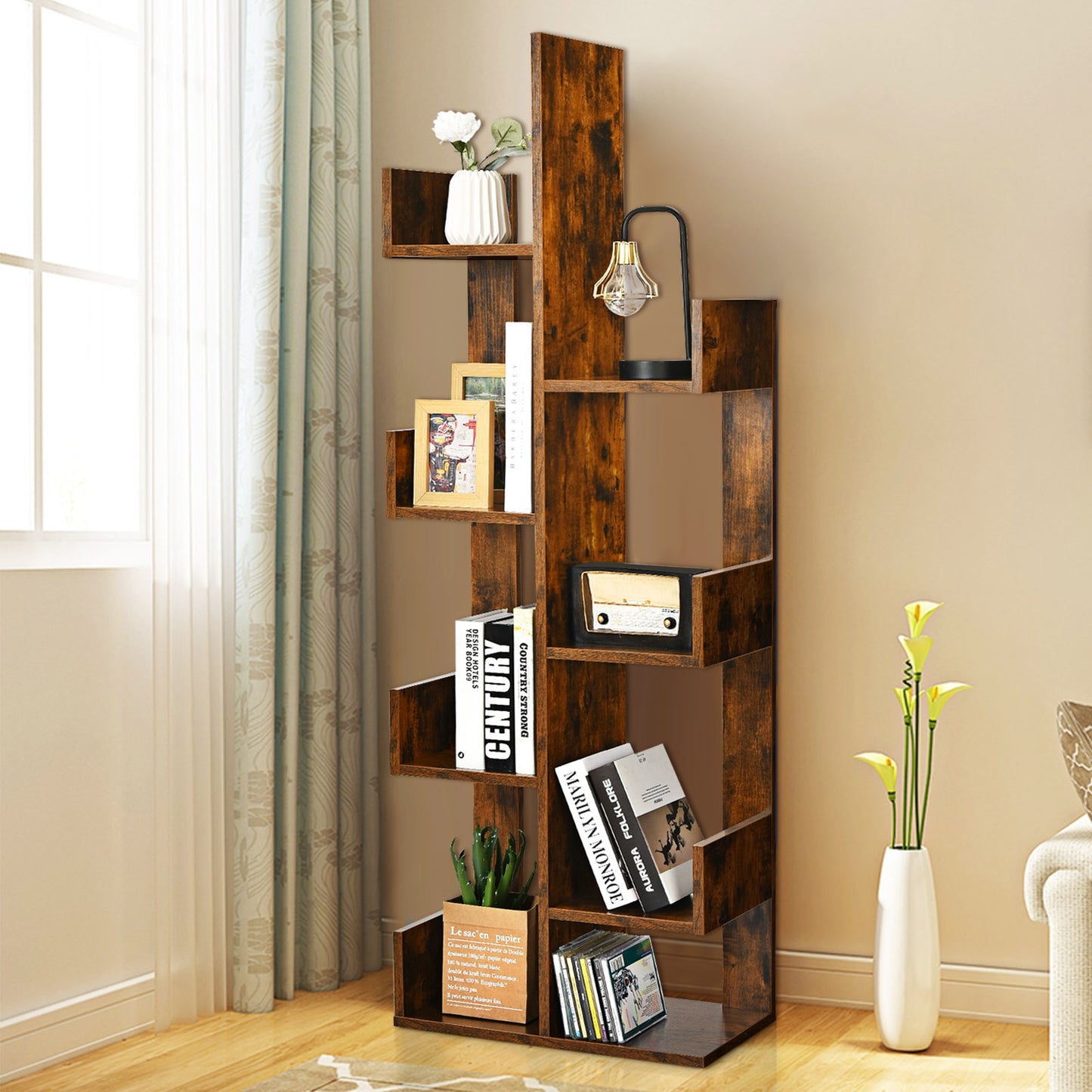 8-Tier Bookshelf Bookcase with 8 Open Compartments Space-Saving Storage Rack -Coffee Kids Crystal