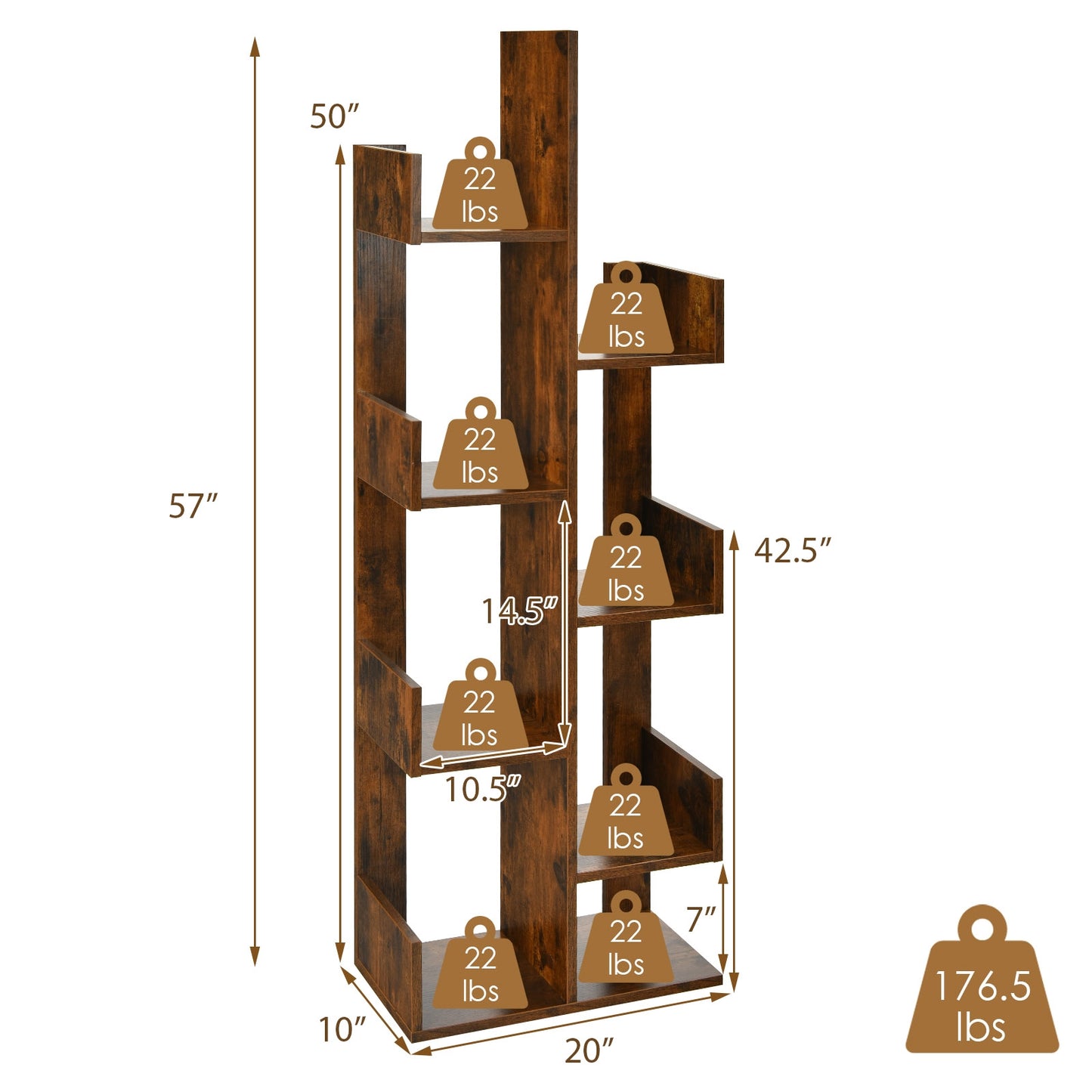 8-Tier Bookshelf Bookcase with 8 Open Compartments Space-Saving Storage Rack -Coffee Kids Crystal