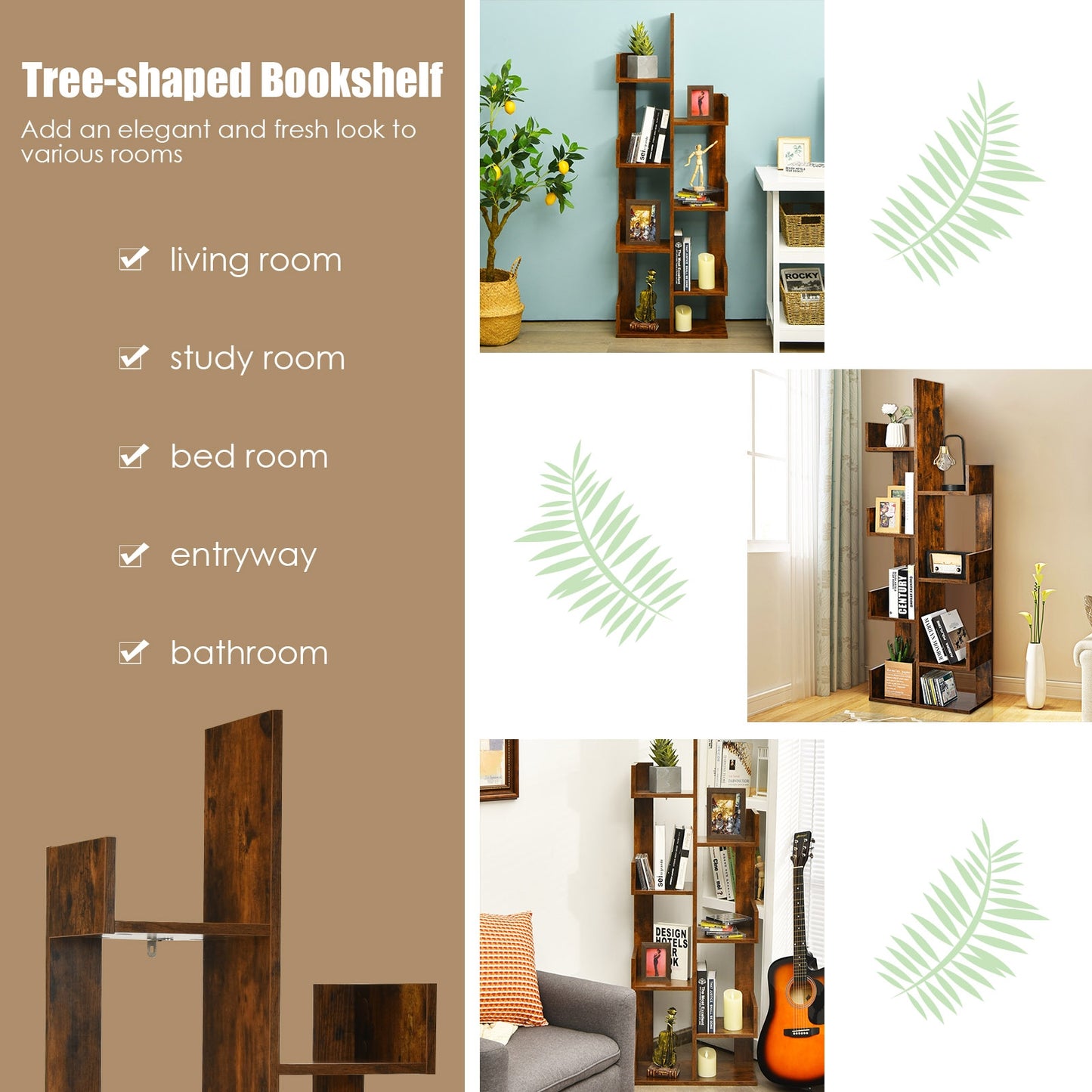 8-Tier Bookshelf Bookcase with 8 Open Compartments Space-Saving Storage Rack -Coffee Kids Crystal