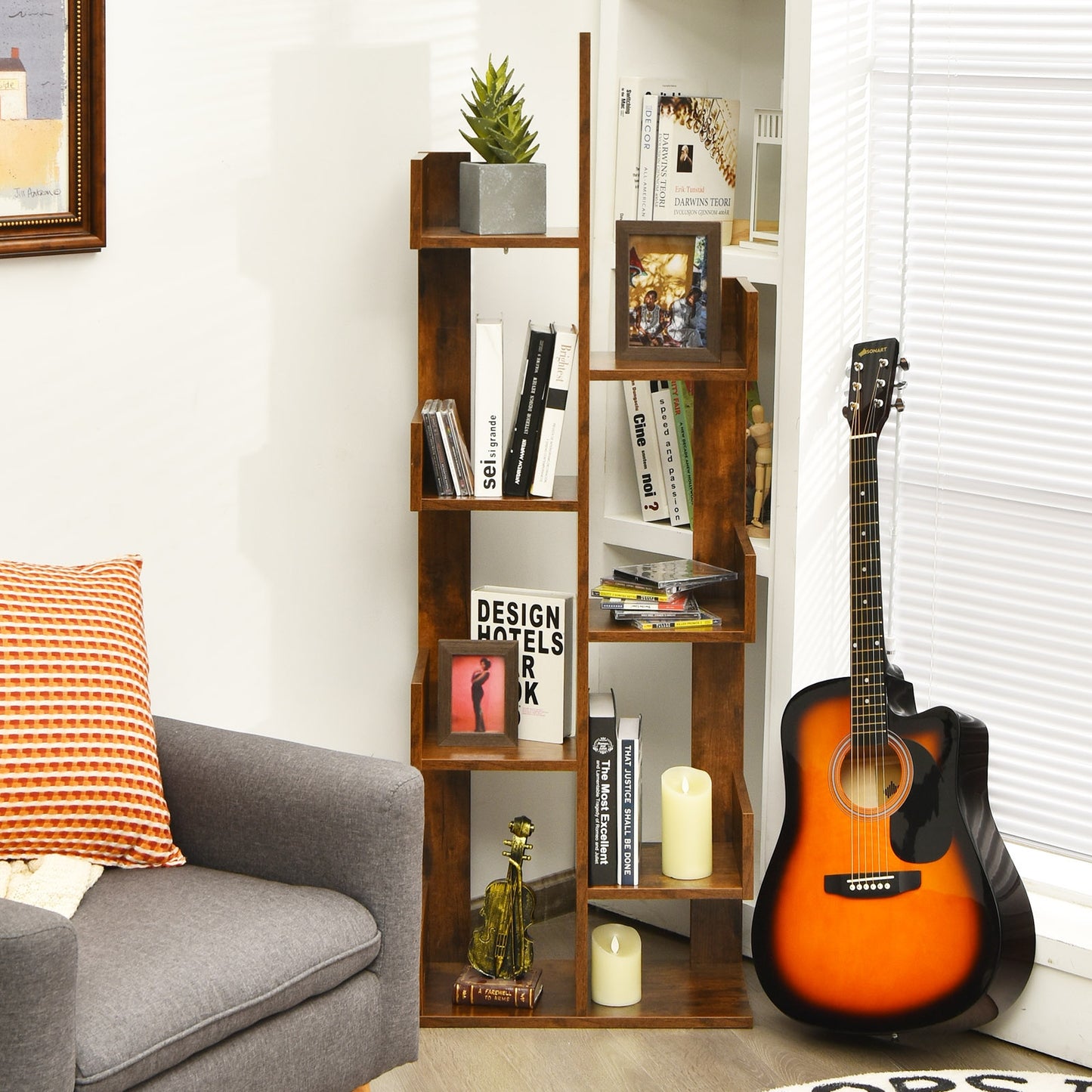 8-Tier Bookshelf Bookcase with 8 Open Compartments Space-Saving Storage Rack -Coffee Kids Crystal