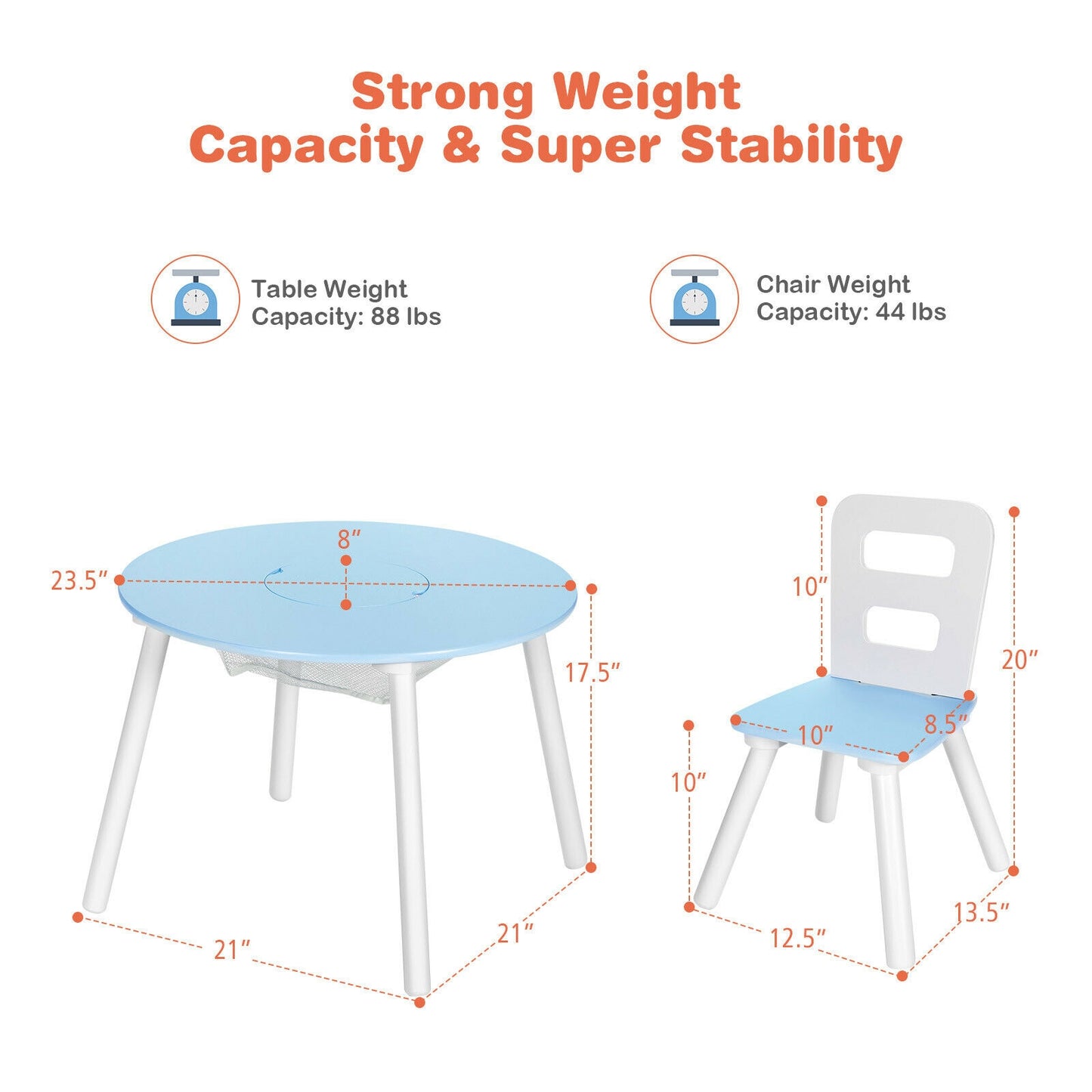 Wood Activity Kids Table and Chair Set with Center Mesh Storage for Snack Time and Homework-Blue Kids Crystal
