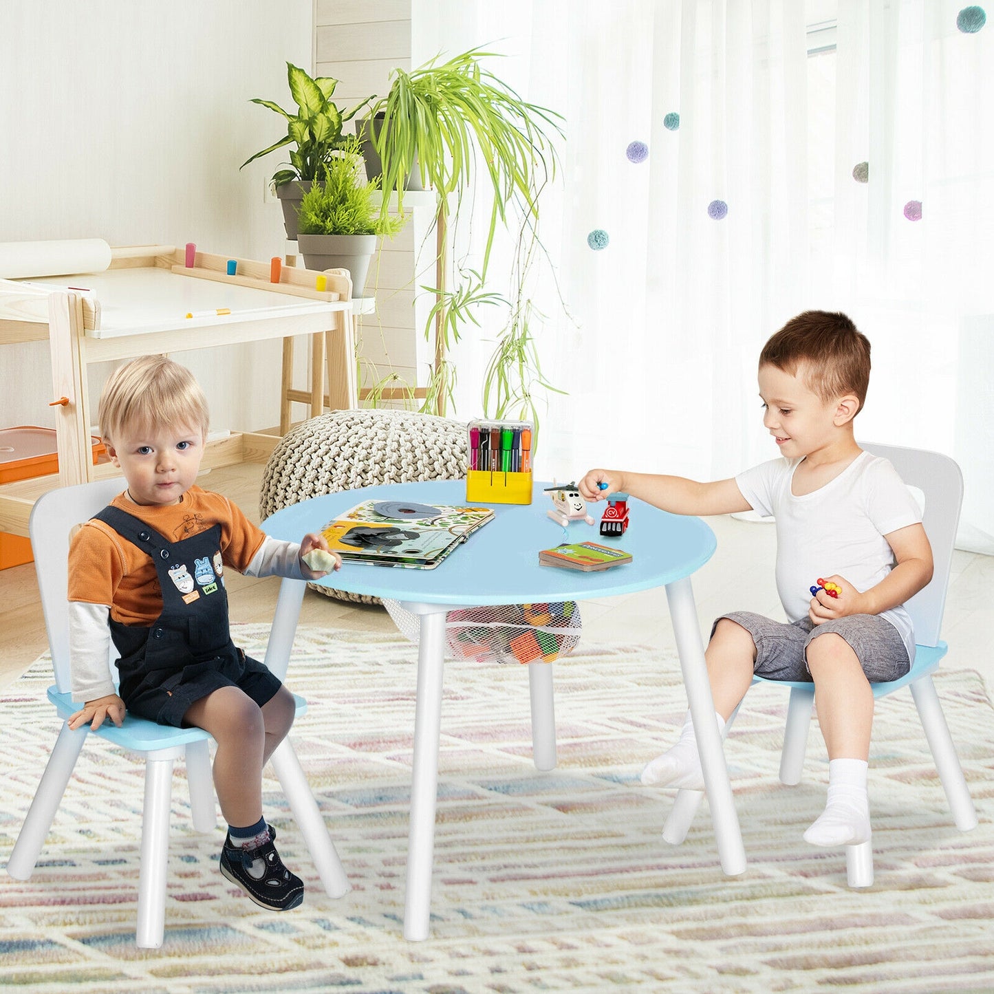Wood Activity Kids Table and Chair Set with Center Mesh Storage for Snack Time and Homework-Blue Kids Crystal