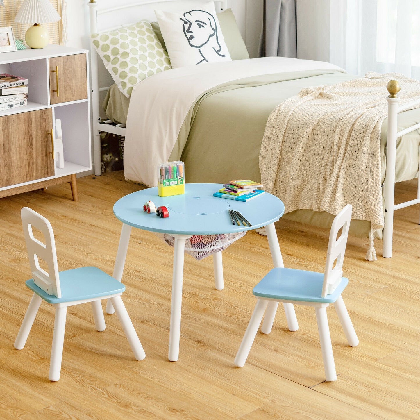 Wood Activity Kids Table and Chair Set with Center Mesh Storage for Snack Time and Homework-Blue Kids Crystal