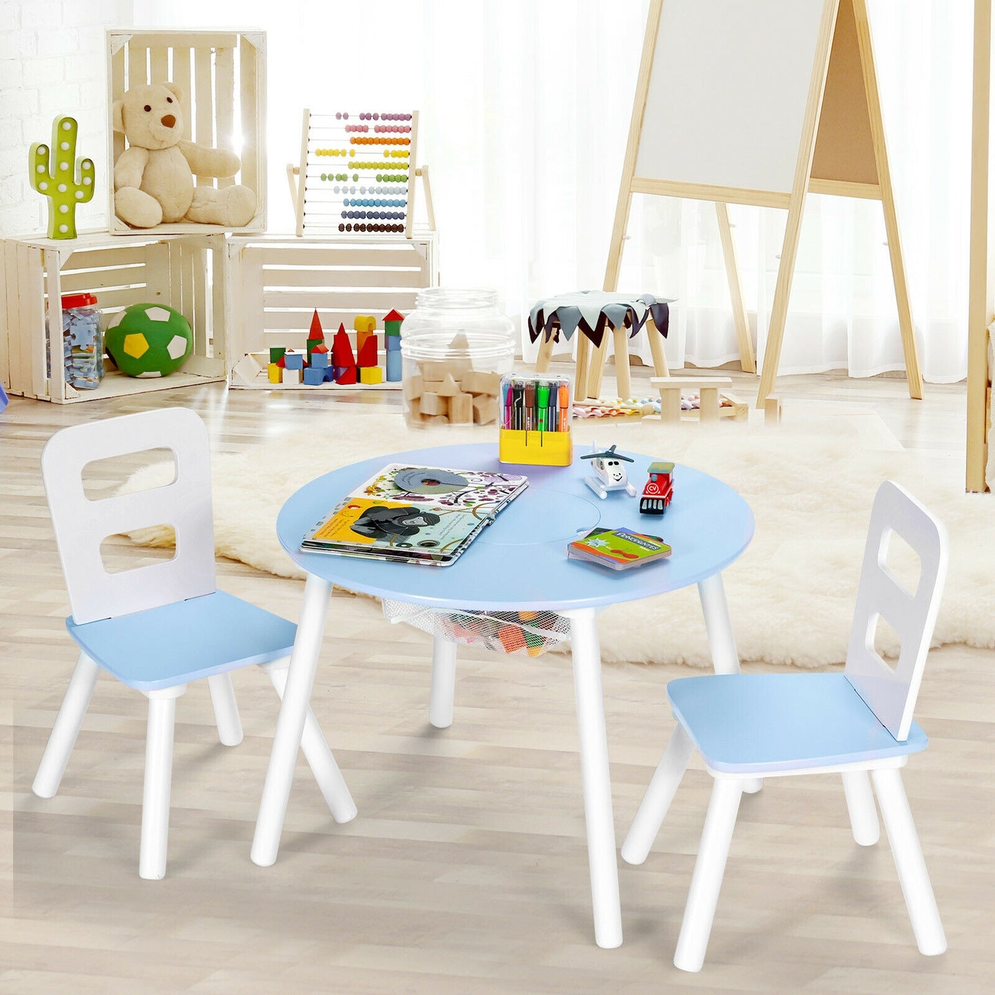 Wood Activity Kids Table and Chair Set with Center Mesh Storage for Snack Time and Homework-Blue Kids Crystal