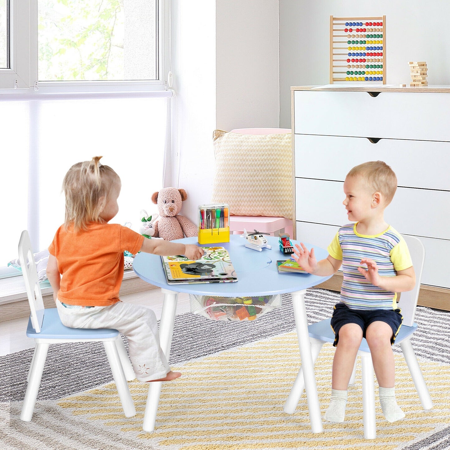 Wood Activity Kids Table and Chair Set with Center Mesh Storage for Snack Time and Homework-Blue Kids Crystal