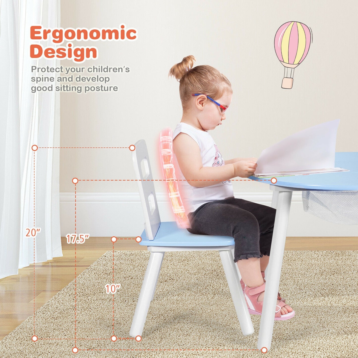 Wood Activity Kids Table and Chair Set with Center Mesh Storage for Snack Time and Homework-Blue Kids Crystal