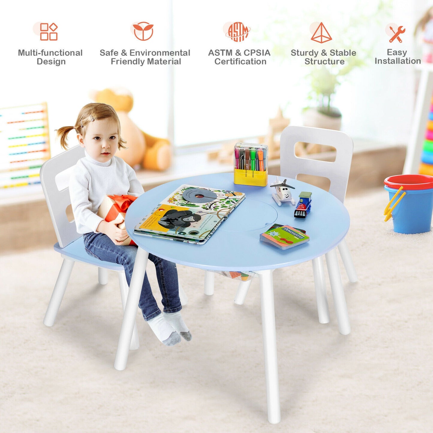 Wood Activity Kids Table and Chair Set with Center Mesh Storage for Snack Time and Homework-Blue Kids Crystal