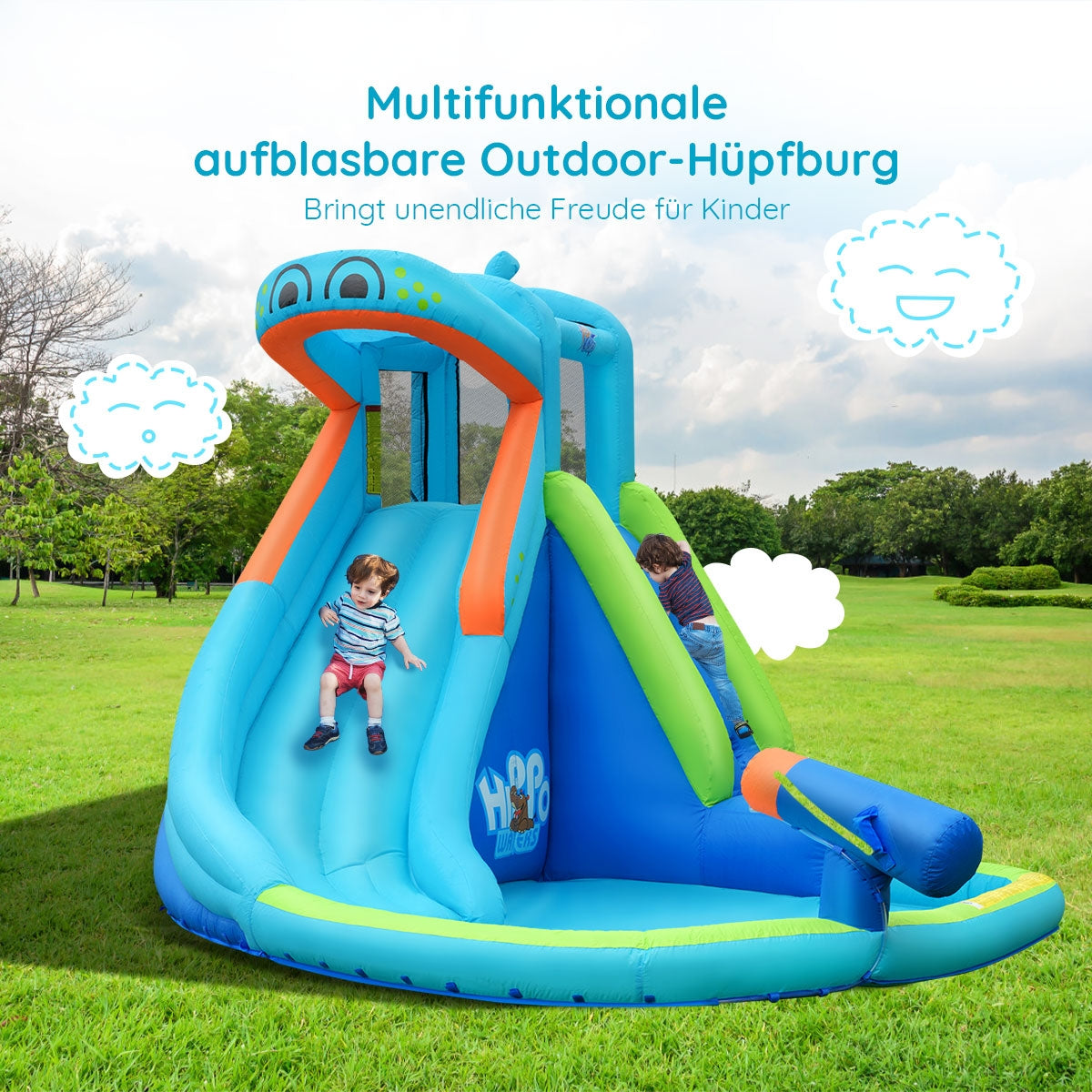 Inflatable Water Pool with Splash and Slide Without Blower