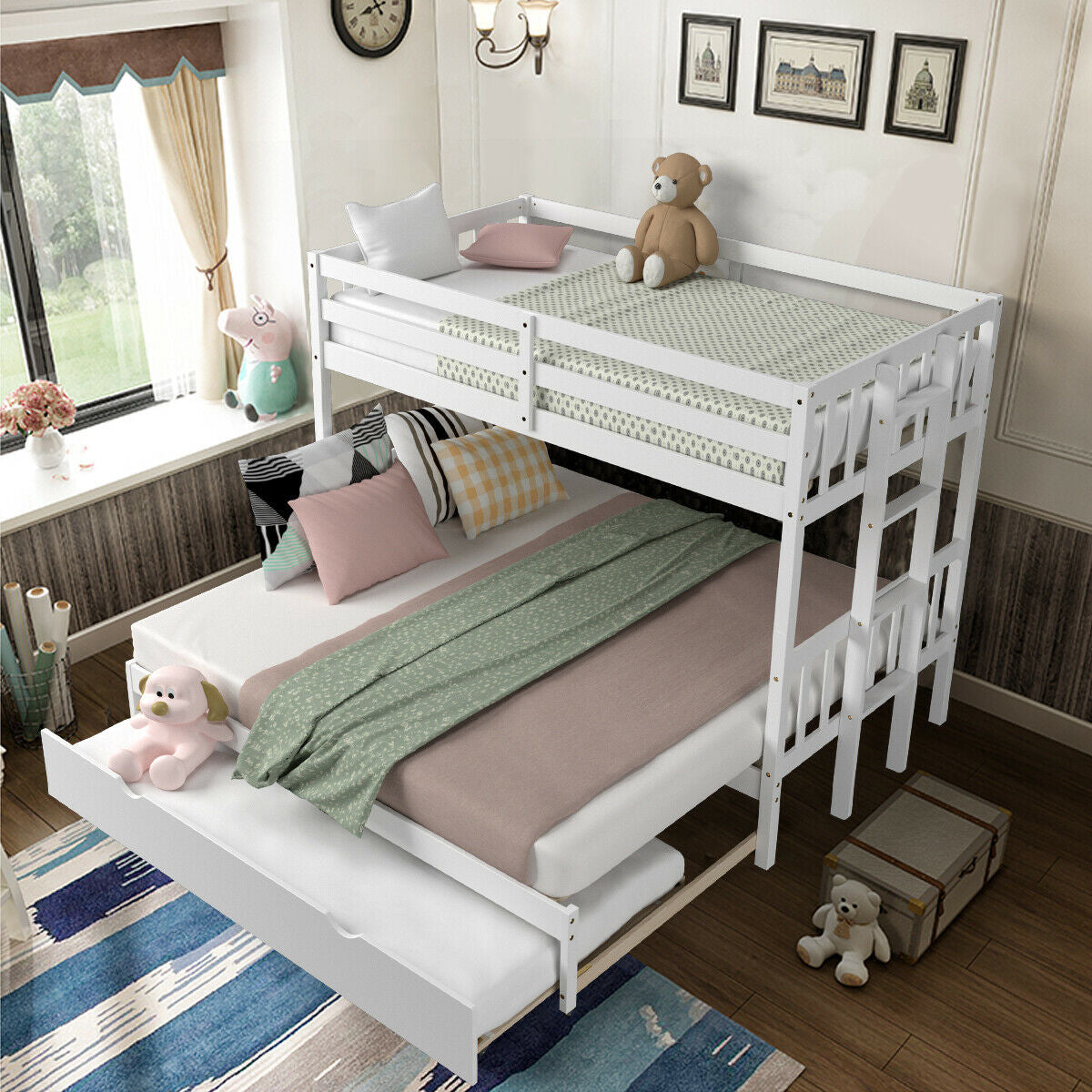 Twin Pull-Out Bunk Bed with Trundle Wooden Ladder-White Kids Crystal
