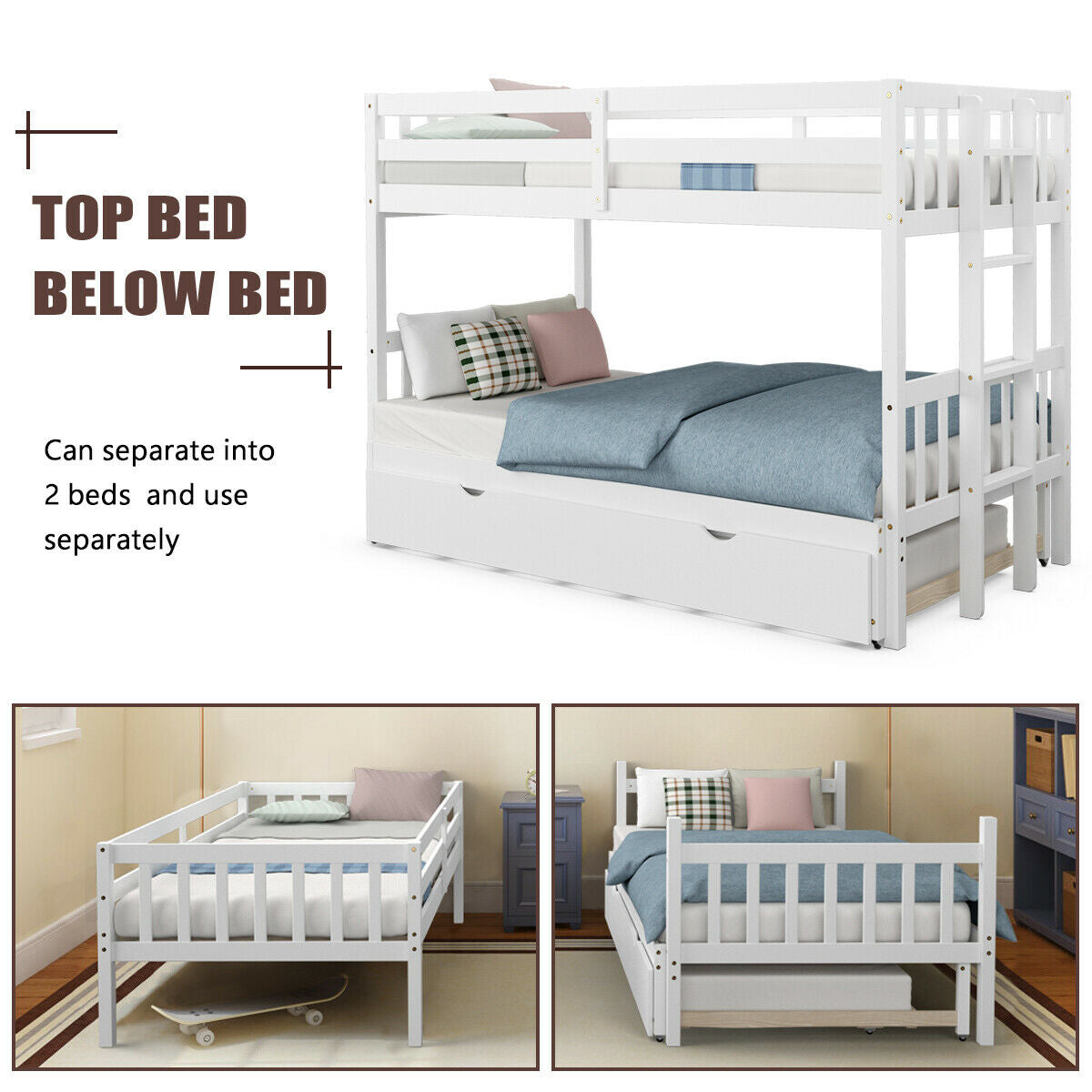 Twin Pull-Out Bunk Bed with Trundle Wooden Ladder-White Kids Crystal