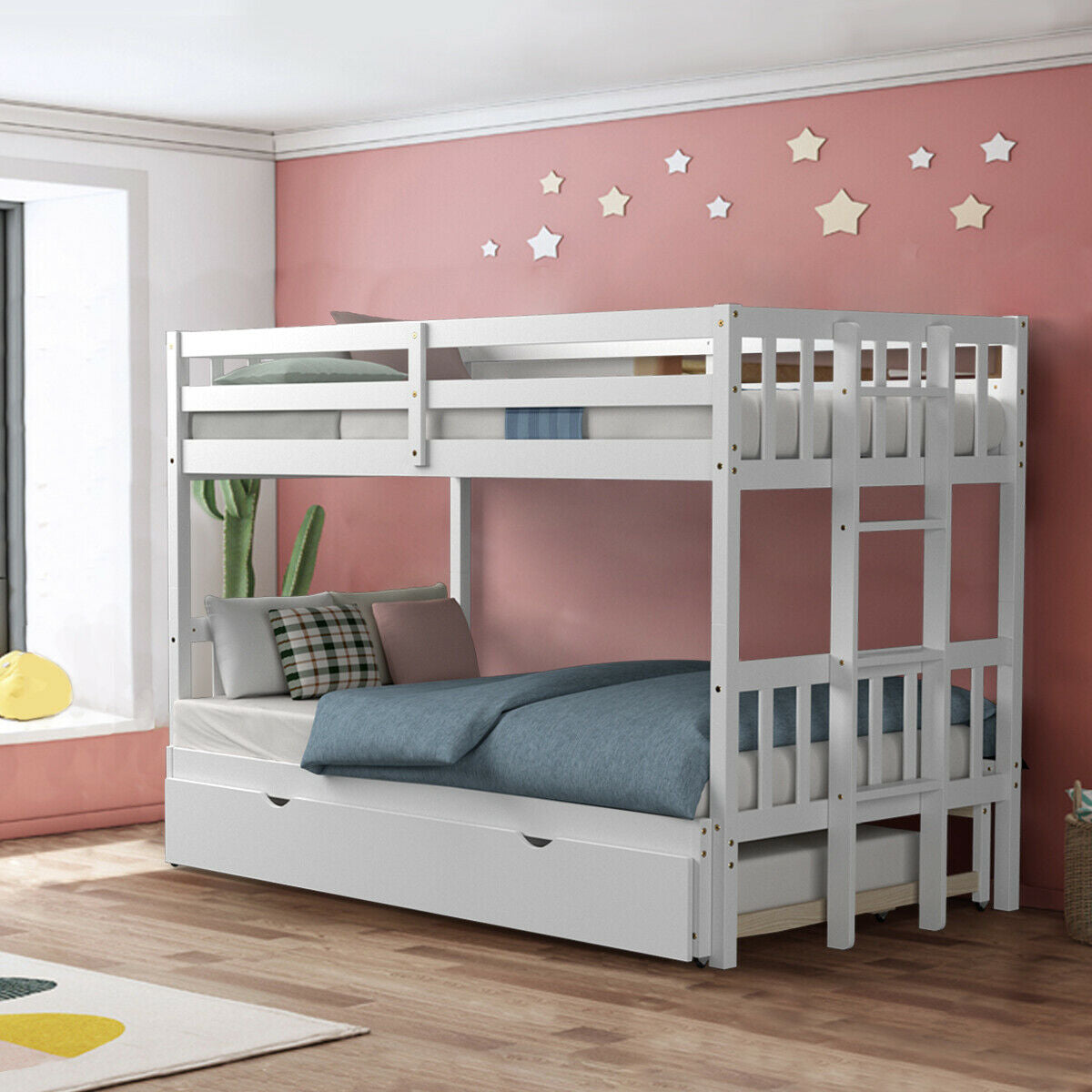 Twin Pull-Out Bunk Bed with Trundle Wooden Ladder-White Kids Crystal