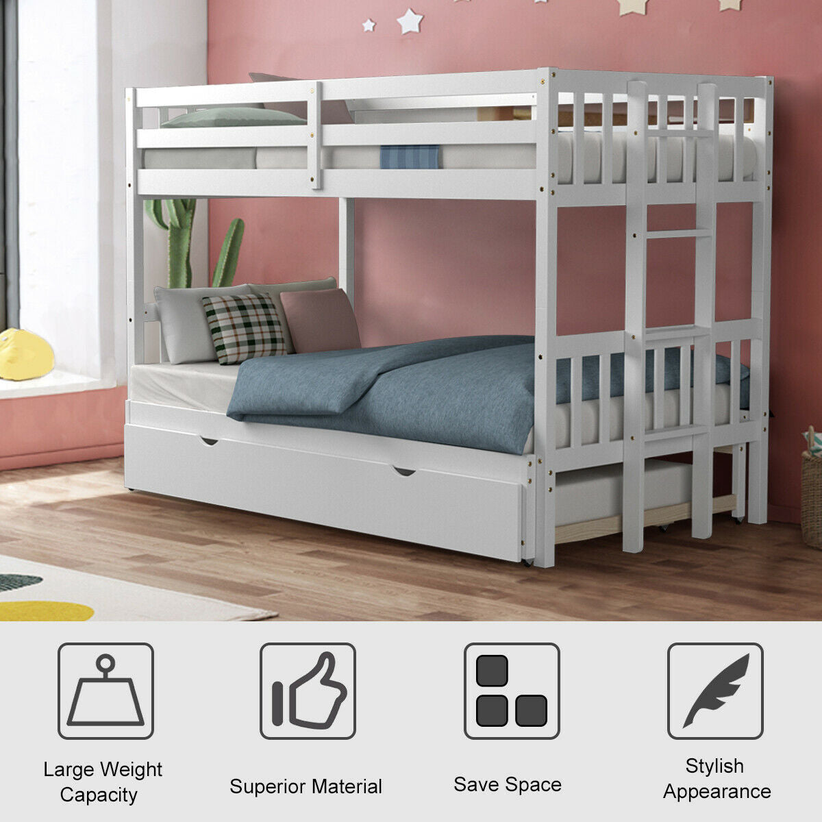 Twin Pull-Out Bunk Bed with Trundle Wooden Ladder-White Kids Crystal