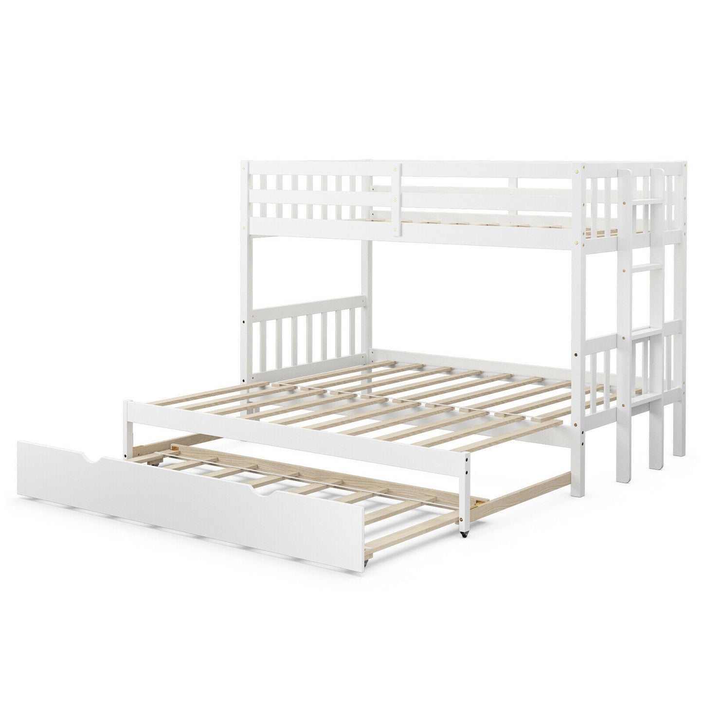 Twin Pull-Out Bunk Bed with Trundle Wooden Ladder-White Kids Crystal