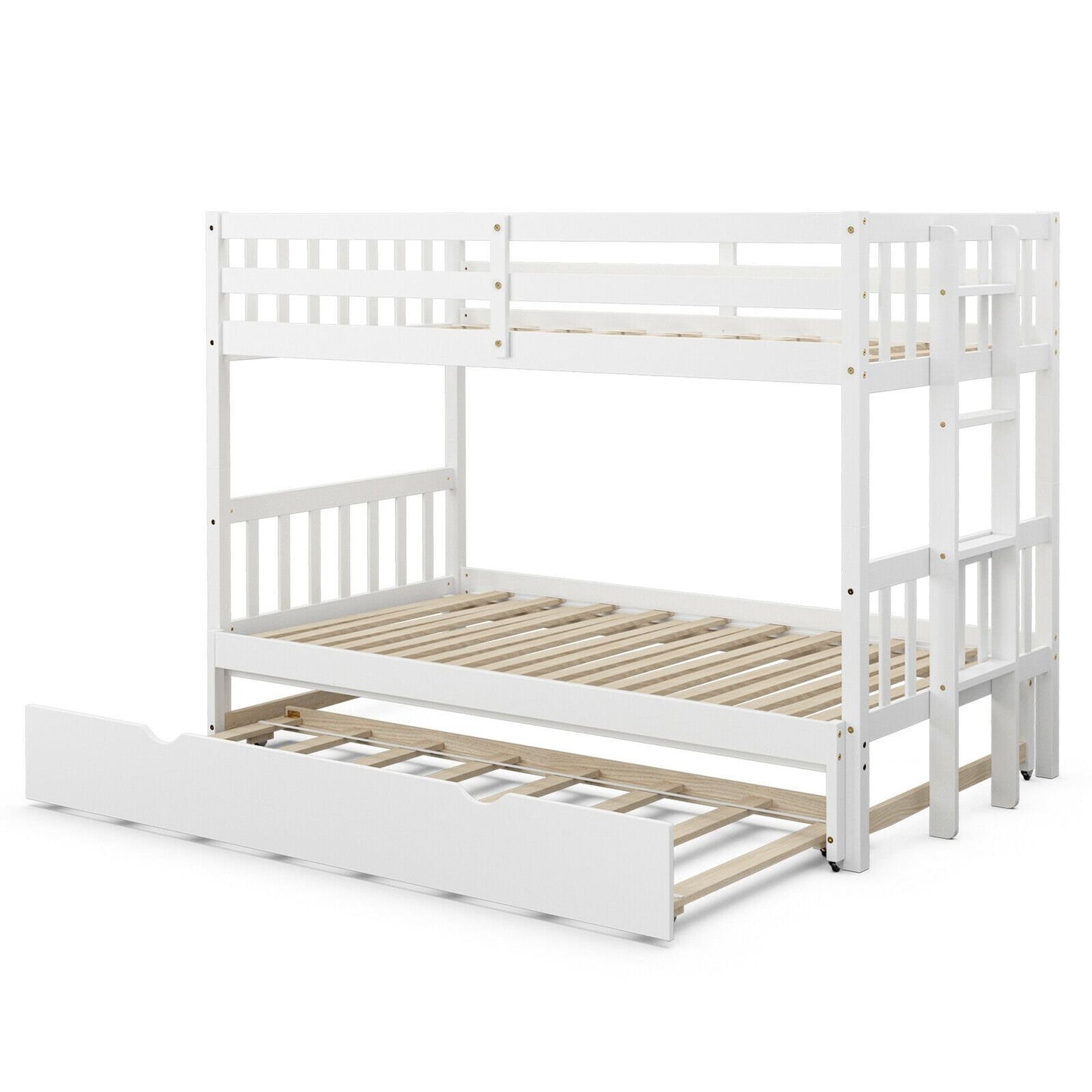 Twin Pull-Out Bunk Bed with Trundle Wooden Ladder-White Kids Crystal