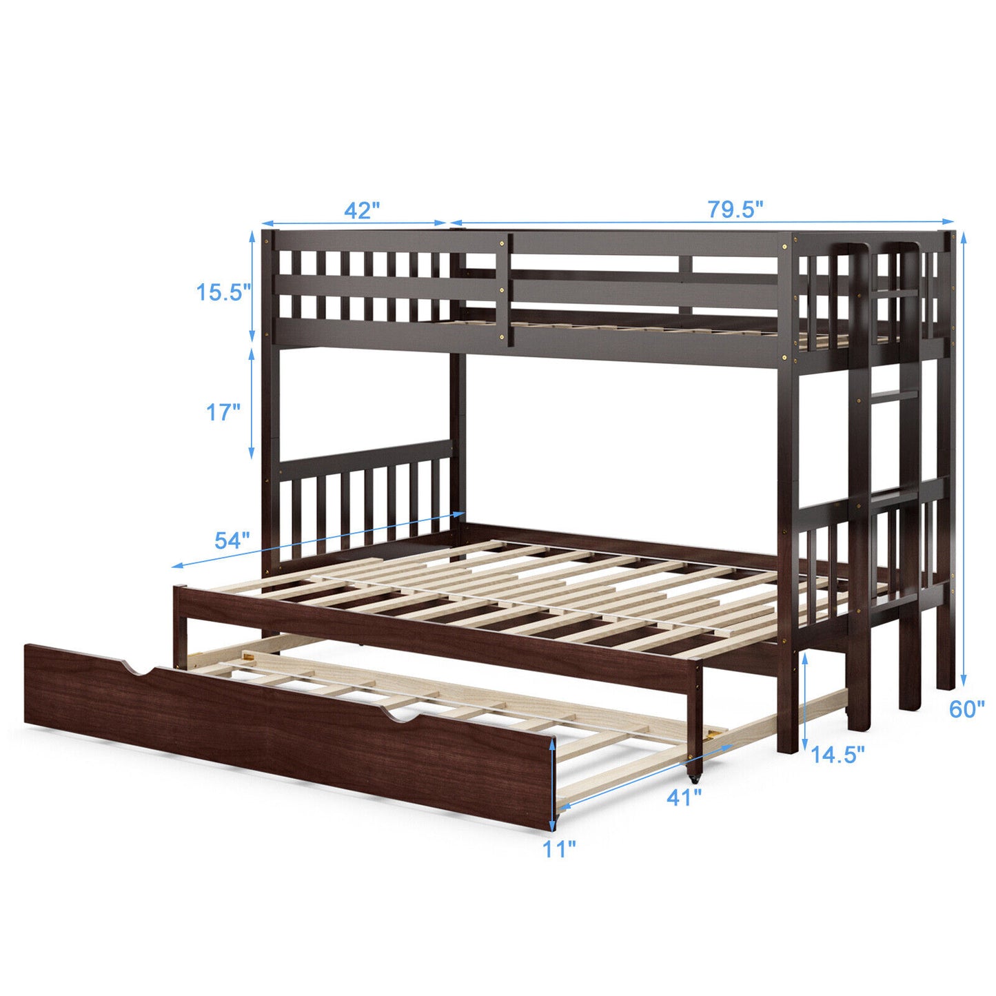Twin Pull-Out Bunk Bed with Trundle Wooden Ladder-Dark Brown Kids Crystal