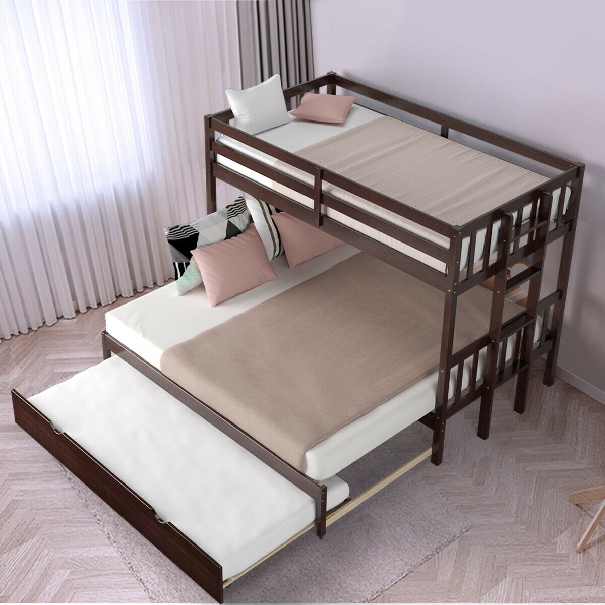 Twin Pull-Out Bunk Bed with Trundle Wooden Ladder-Dark Brown Kids Crystal