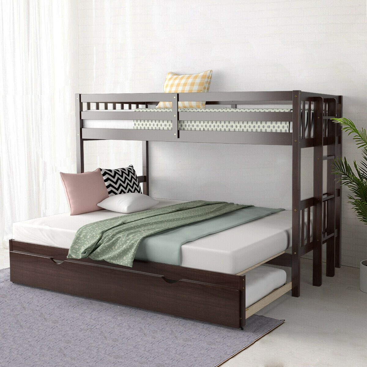 Twin Pull-Out Bunk Bed with Trundle Wooden Ladder-Dark Brown Kids Crystal