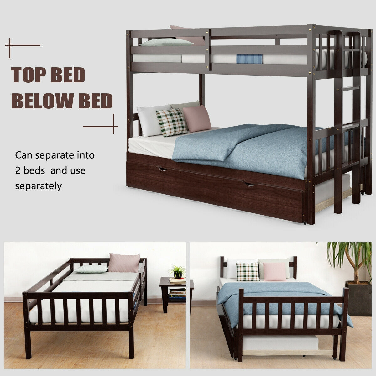 Twin Pull-Out Bunk Bed with Trundle Wooden Ladder-Dark Brown Kids Crystal
