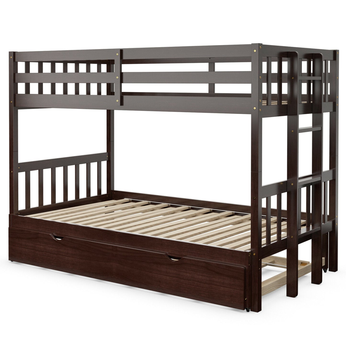 Twin Pull-Out Bunk Bed with Trundle Wooden Ladder-Dark Brown Kids Crystal