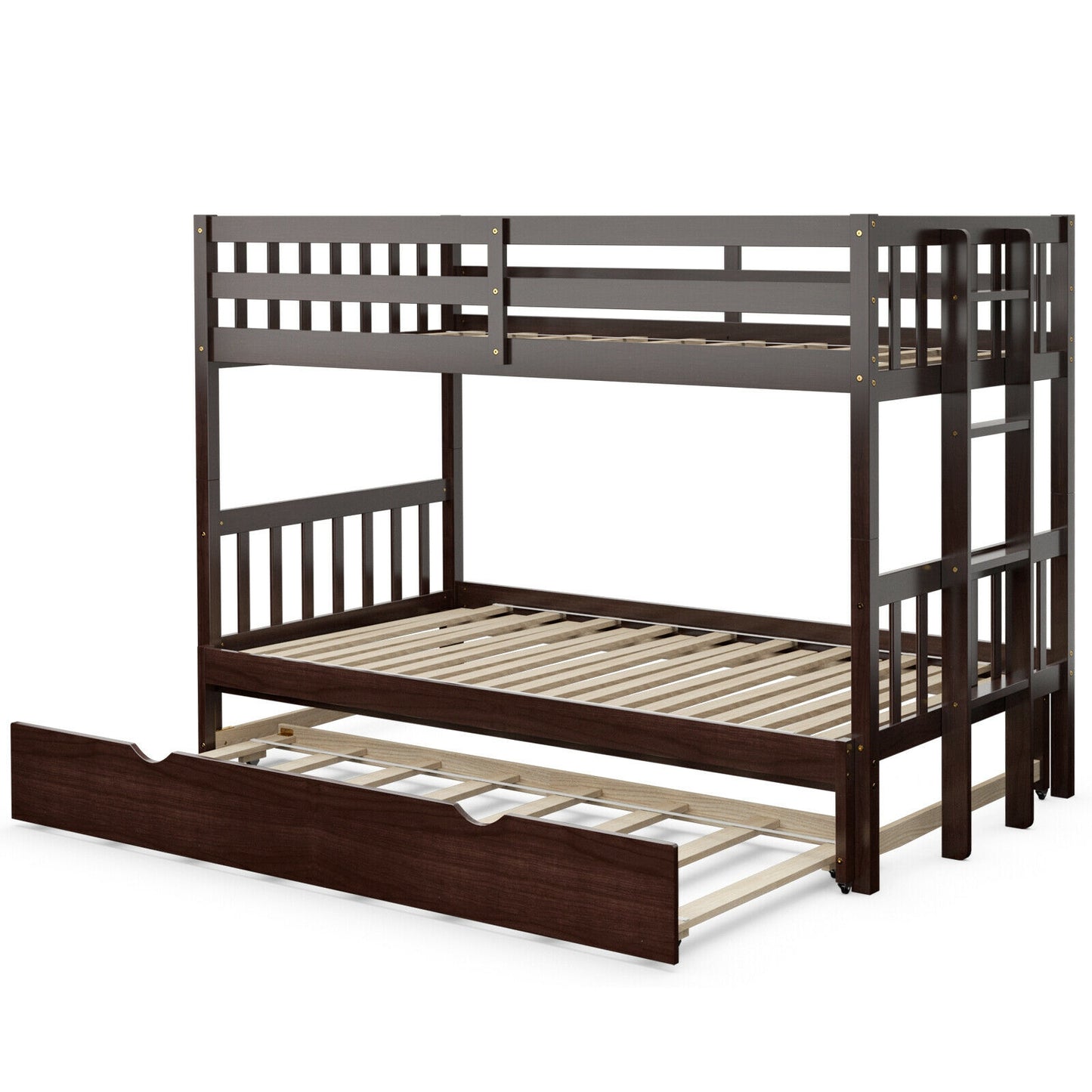 Twin Pull-Out Bunk Bed with Trundle Wooden Ladder-Dark Brown Kids Crystal