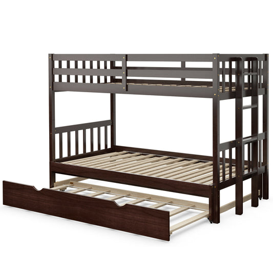 Twin Pull-Out Bunk Bed with Trundle Wooden Ladder-Dark Brown Kids Crystal