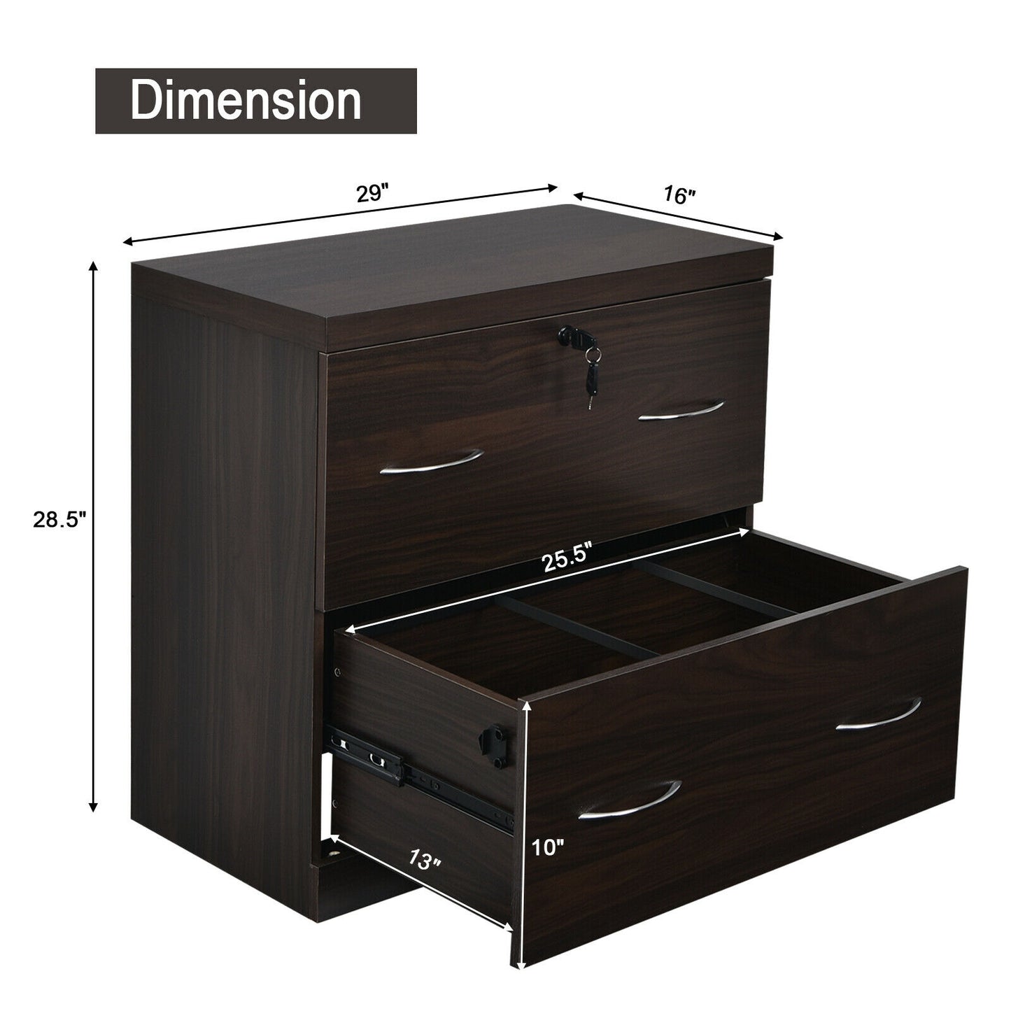 2-Drawer File Cabinet with Lock Hinging Bar Letter and Legal Size-Coffee Kids Crystal