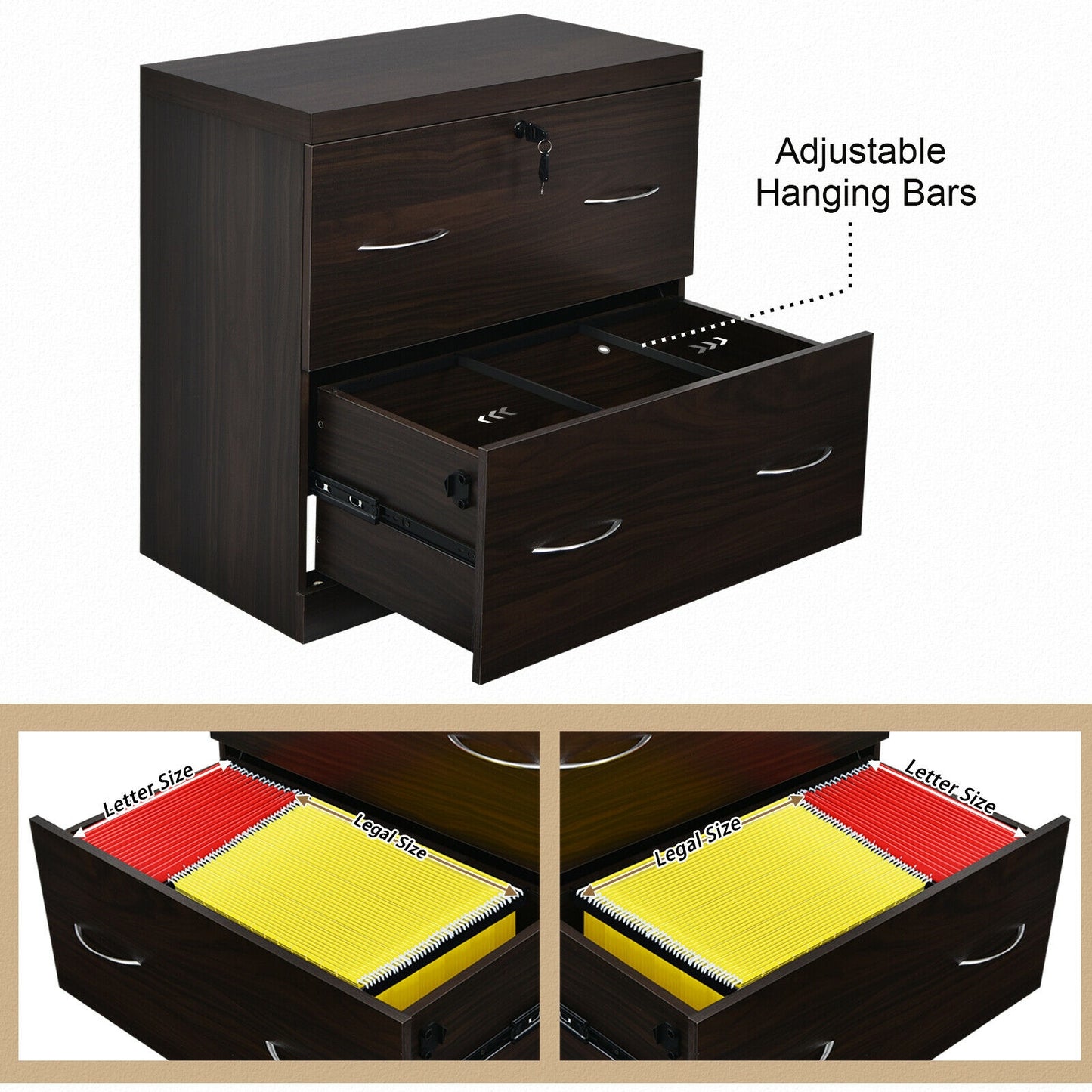 2-Drawer File Cabinet with Lock Hinging Bar Letter and Legal Size-Coffee Kids Crystal