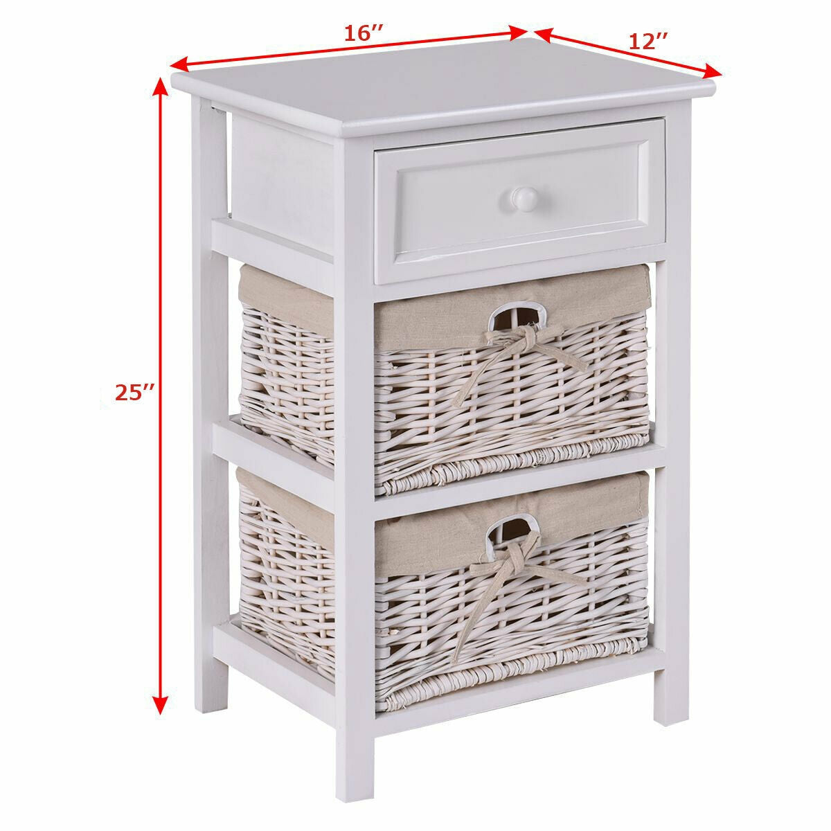 3 Tier Set of 2 Wood Nightstand with 1 and 2 Basket Drawer -White Kids Crystal