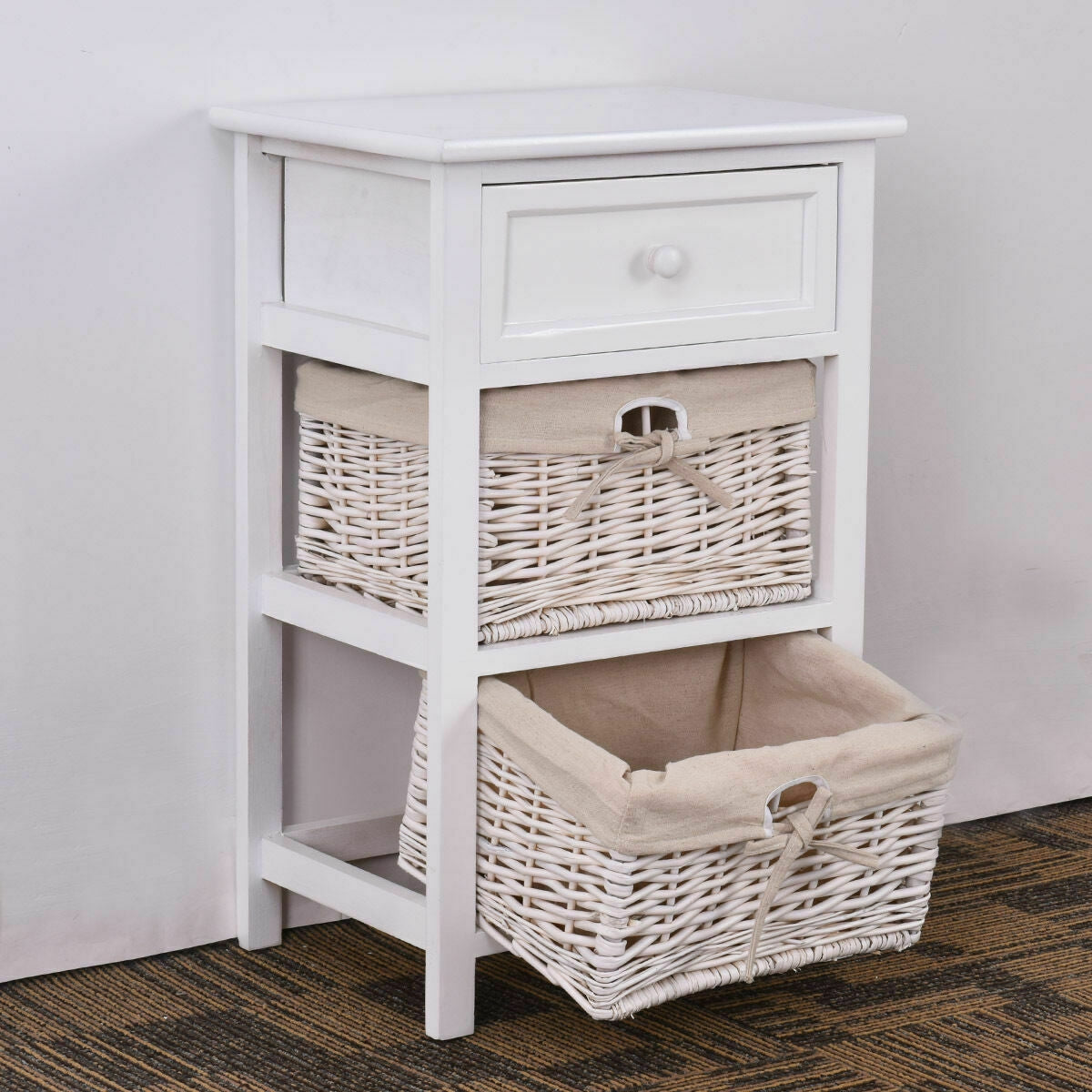3 Tier Set of 2 Wood Nightstand with 1 and 2 Basket Drawer -White Kids Crystal