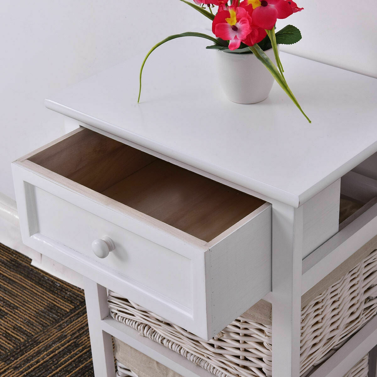 3 Tier Set of 2 Wood Nightstand with 1 and 2 Basket Drawer -White Kids Crystal