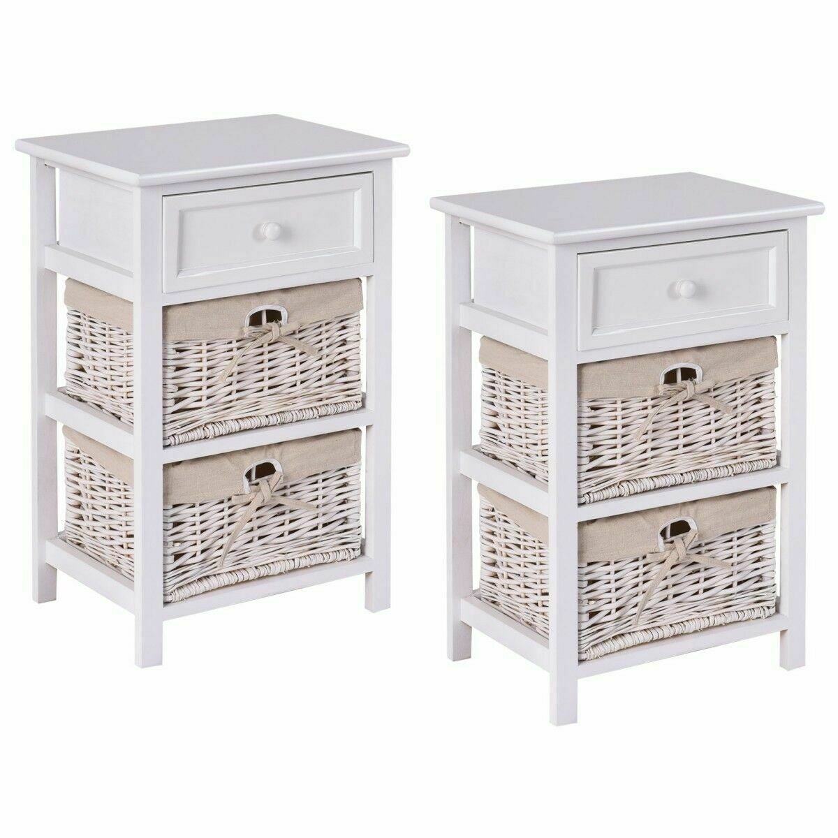 3 Tier Set of 2 Wood Nightstand with 1 and 2 Basket Drawer -White Kids Crystal