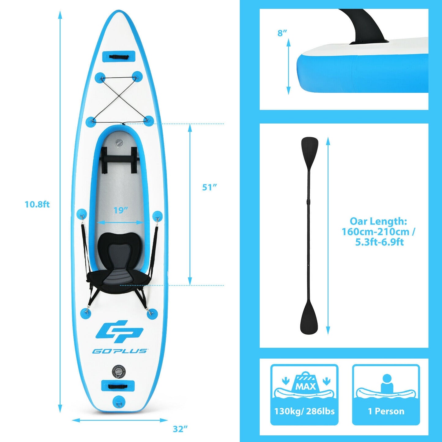 10.8 Feet Inflatable Kayak Set K1 1-Person Sit-On-Top Kayak with Oars-Blue Kids Crystal