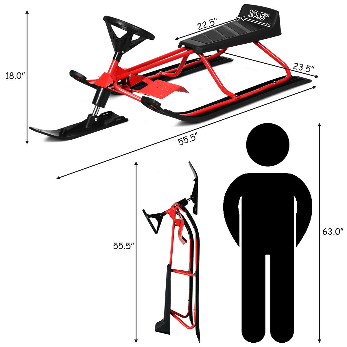 55.5 x 23.5 Inch Snow Sled with Steering Wheel and Double Brakes Pull Rope Slider Kids Crystal